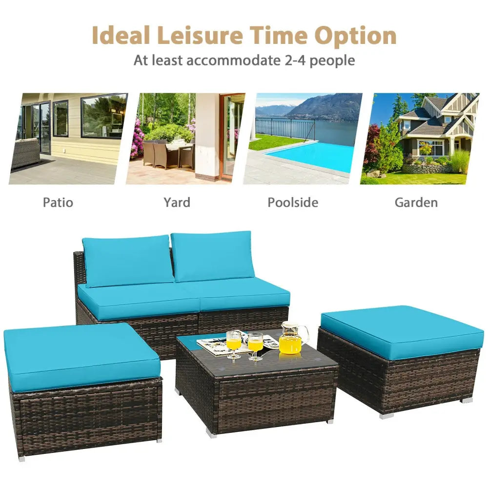 5 Pieces Patio Rattan Furniture Set with Cushioned Armless Sofa-Turquoise - Turquoise - Patio Conversation Sets
