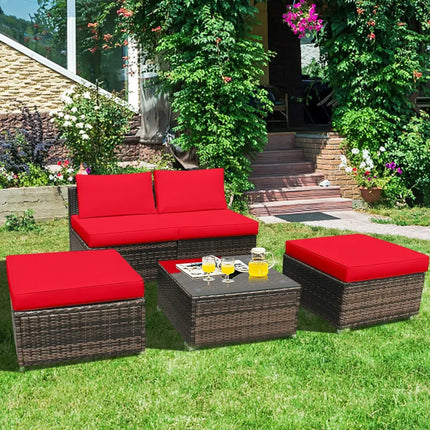 5 Pieces Patio Rattan Furniture Set with Cushioned Armless Sofa-Red - Red - Patio Conversation Sets