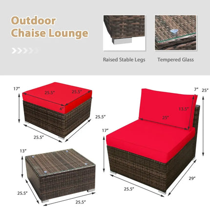 5 Pieces Patio Rattan Furniture Set with Cushioned Armless Sofa-Red - Red - Patio Conversation Sets
