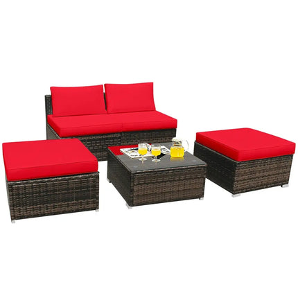 5 Pieces Patio Rattan Furniture Set with Cushioned Armless Sofa-Red - Red - Patio Conversation Sets