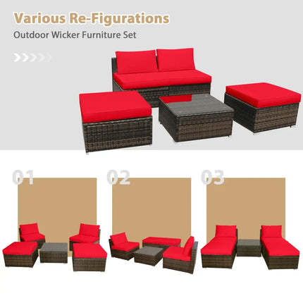 5 Pieces Patio Rattan Furniture Set with Cushioned Armless Sofa-Red - Red - Patio Conversation Sets