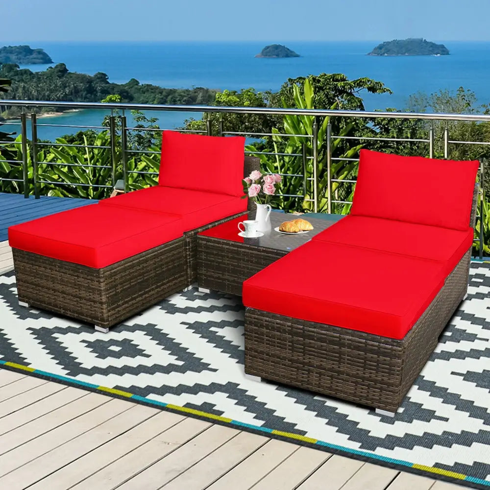 5 Pieces Patio Rattan Furniture Set with Cushioned Armless Sofa-Red - Red - Patio Conversation Sets