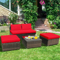 5 Pieces Patio Rattan Furniture Set with Cushioned Armless Sofa-Red - Red - Patio Conversation Sets