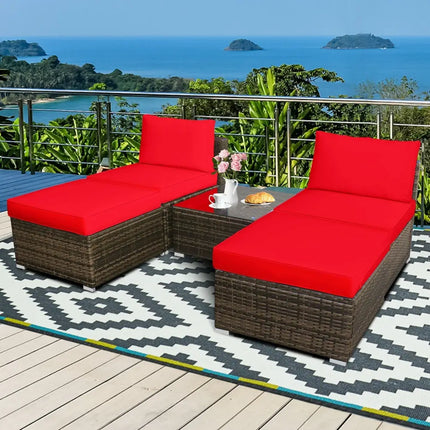 5 Pieces Patio Rattan Furniture Set with Cushioned Armless Sofa-Red - Red - Patio Conversation Sets
