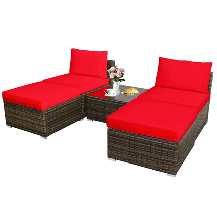 5 Pieces Patio Rattan Furniture Set with Cushioned Armless Sofa-Red - Red - Patio Conversation Sets