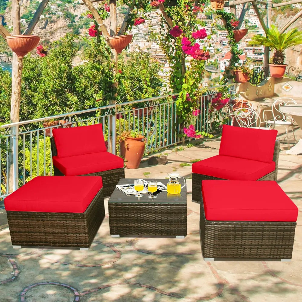 5 Pieces Patio Rattan Furniture Set with Cushioned Armless Sofa-Red - Red - Patio Conversation Sets