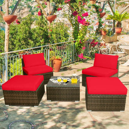 5 Pieces Patio Rattan Furniture Set with Cushioned Armless Sofa-Red - Red - Patio Conversation Sets
