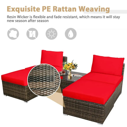 5 Pieces Patio Rattan Furniture Set with Cushioned Armless Sofa-Red - Red - Patio Conversation Sets