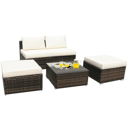5 Pieces Patio Rattan Furniture Set with Cushioned Armless Sofa-White - White - Patio Conversation Sets