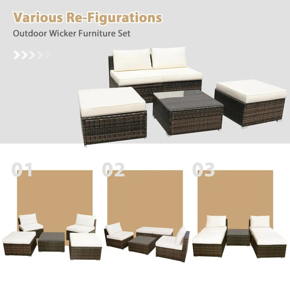 5 Pieces Patio Rattan Furniture Set with Cushioned Armless Sofa-White - White - Patio Conversation Sets