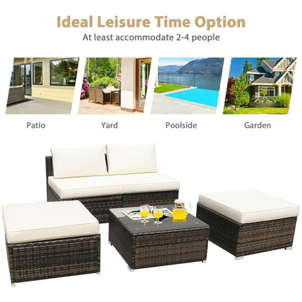 5 Pieces Patio Rattan Furniture Set with Cushioned Armless Sofa-White - White - Patio Conversation Sets