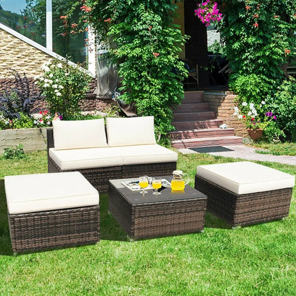 5 Pieces Patio Rattan Furniture Set with Cushioned Armless Sofa-White - White - Patio Conversation Sets