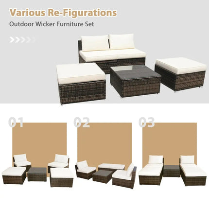 5 Pieces Patio Rattan Furniture Set with Cushioned Armless Sofa-White - White - Patio Conversation Sets