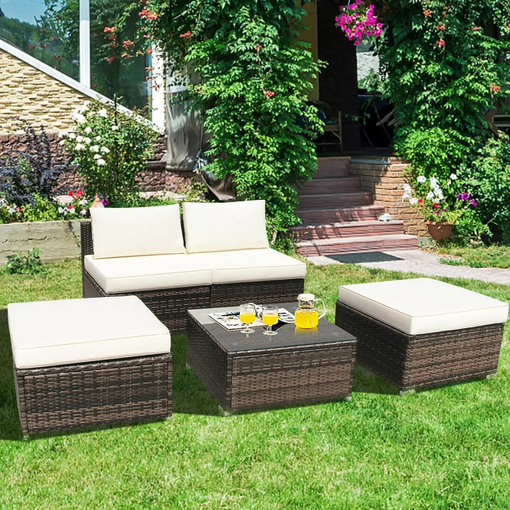 5 Pieces Patio Rattan Furniture Set with Cushioned Armless Sofa-White - White - Patio Conversation Sets