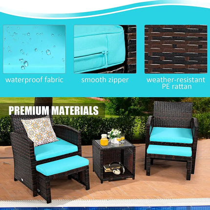 5 Pieces Patio Rattan Furniture Set with Ottoman and Tempered Glass Coffee Table-Turquoise - Turquoise - Outdoor