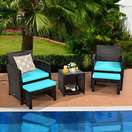 5 Pieces Patio Rattan Furniture Set with Ottoman and Tempered Glass Coffee Table-Turquoise - Turquoise - Outdoor