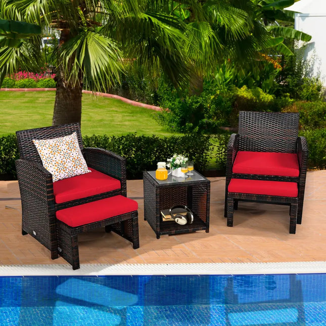 5 Pieces Patio Rattan Furniture Set with Ottoman and Tempered Glass Coffee Table-Red - Red - Outdoor Seating & Patio