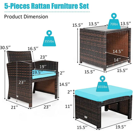 5 Pieces Patio Rattan Furniture Set with Ottoman and Tempered Glass Coffee Table-Turquoise - Turquoise - Outdoor