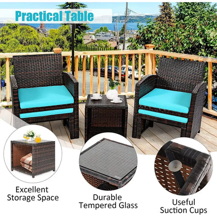 5 Pieces Patio Rattan Furniture Set with Ottoman and Tempered Glass Coffee Table-Turquoise - Turquoise - Outdoor