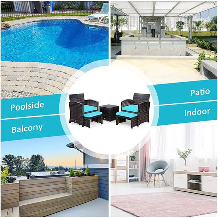 5 Pieces Patio Rattan Furniture Set with Ottoman and Tempered Glass Coffee Table-Turquoise - Turquoise - Outdoor