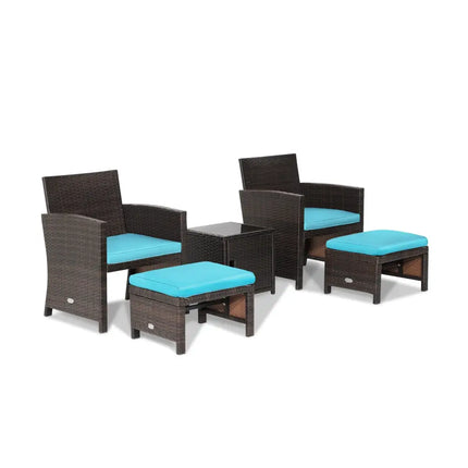 5 Pieces Patio Rattan Furniture Set with Ottoman and Tempered Glass Coffee Table-Turquoise - Turquoise - Outdoor