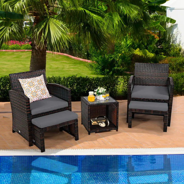 5 Pieces Patio Rattan Furniture Set with Ottoman and Tempered Glass Coffee Table-Gray - Gray - Outdoor Seating & Patio