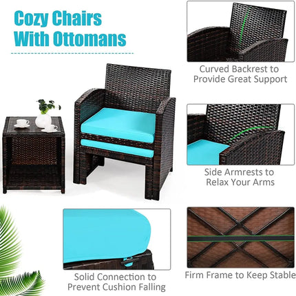 5 Pieces Patio Rattan Furniture Set with Ottoman and Tempered Glass Coffee Table-Turquoise - Turquoise - Outdoor