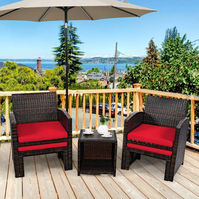 5 Pieces Patio Rattan Furniture Set with Ottoman and Tempered Glass Coffee Table-Red - Red - Outdoor Seating & Patio