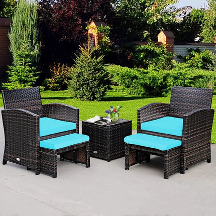 5 Pieces Patio Rattan Furniture Set with Ottoman and Tempered Glass Coffee Table-Turquoise - Turquoise - Outdoor