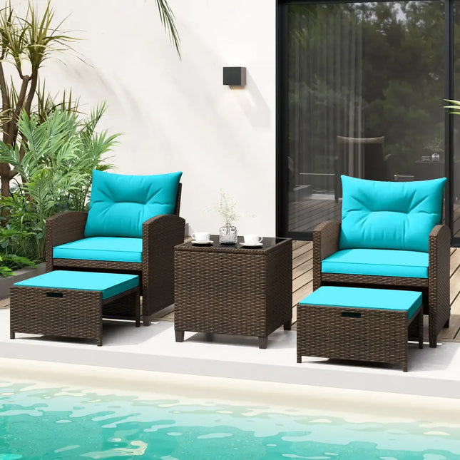 5 Pieces Patio Rattan Furniture with 2 Ottomans and Tempered Glass Coffee Table-Turquoise - Turquoise - Patio