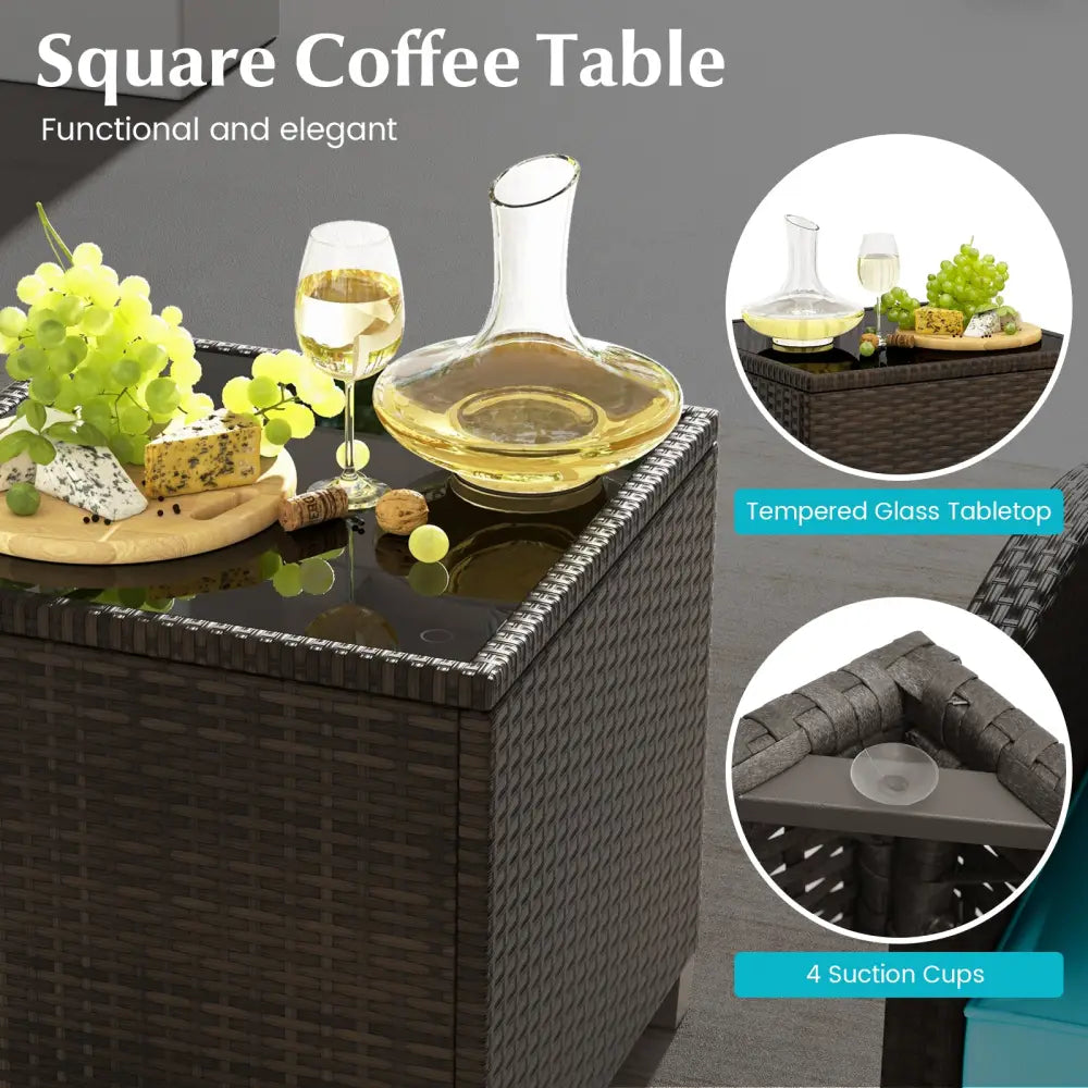 5 Pieces Patio Rattan Furniture with 2 Ottomans and Tempered Glass Coffee Table-Turquoise - Turquoise - Patio