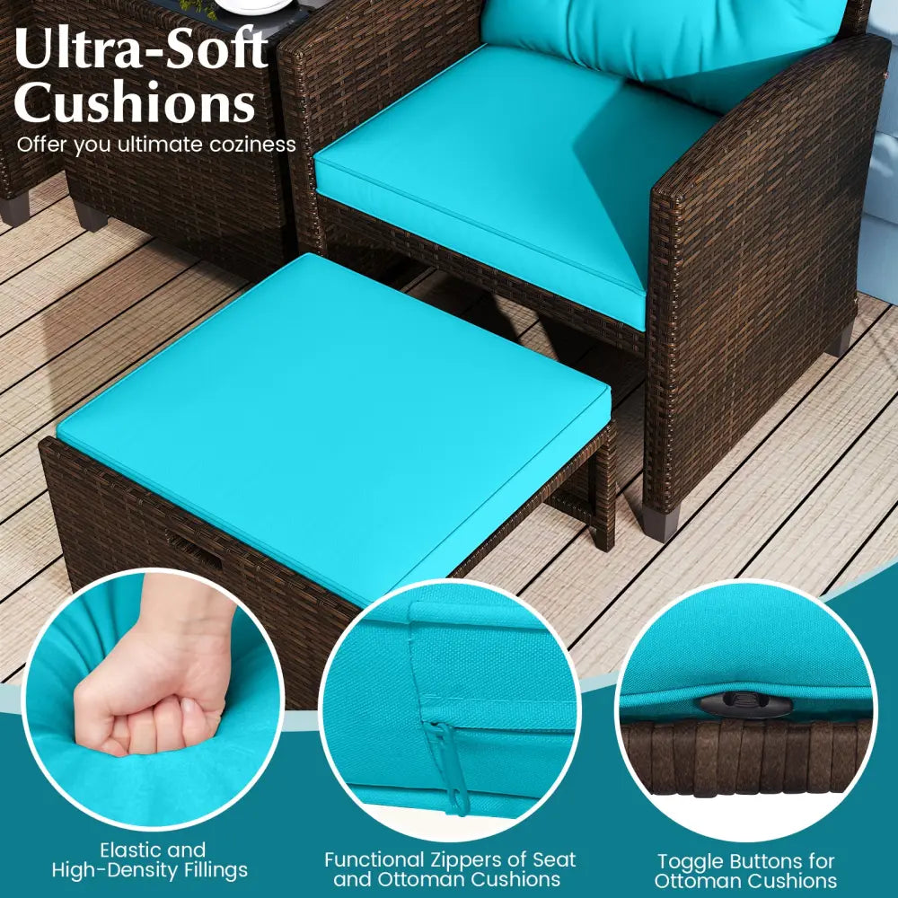5 Pieces Patio Rattan Furniture with 2 Ottomans and Tempered Glass Coffee Table-Turquoise - Turquoise - Patio