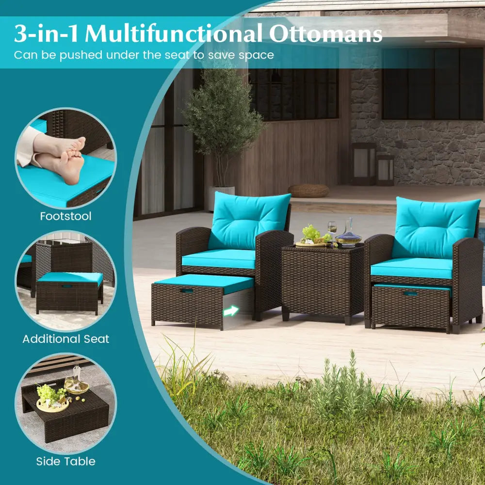 5 Pieces Patio Rattan Furniture with 2 Ottomans and Tempered Glass Coffee Table-Turquoise - Turquoise - Patio