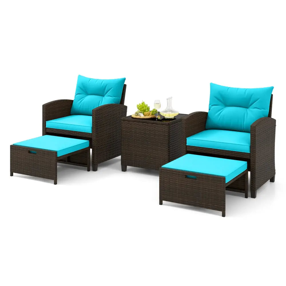 5 Pieces Patio Rattan Furniture with 2 Ottomans and Tempered Glass Coffee Table-Turquoise - Turquoise - Patio