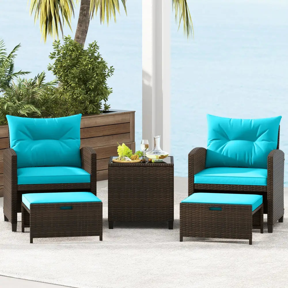 5 Pieces Patio Rattan Furniture with 2 Ottomans and Tempered Glass Coffee Table-Turquoise - Turquoise - Patio