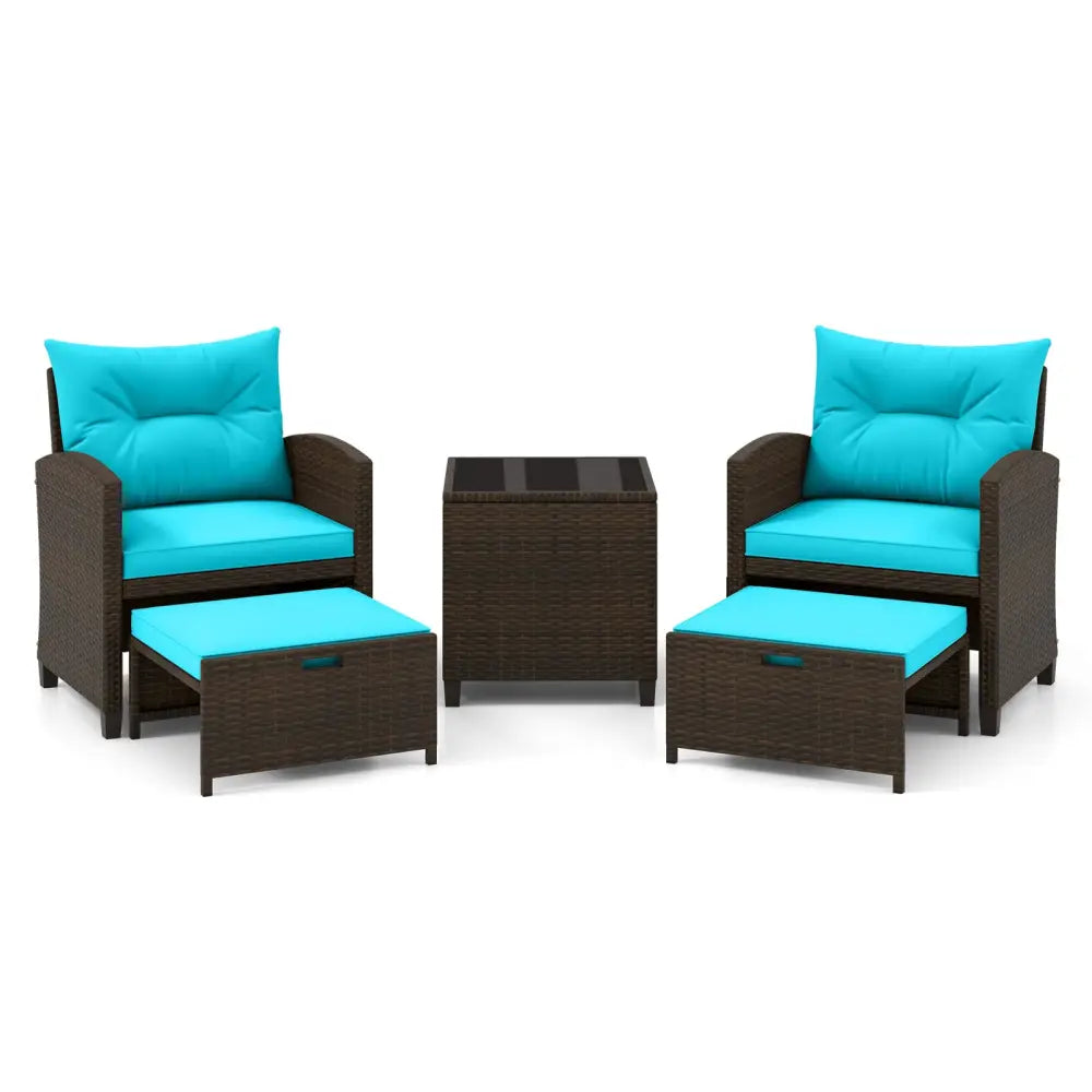 5 Pieces Patio Rattan Furniture with 2 Ottomans and Tempered Glass Coffee Table-Turquoise - Turquoise - Patio
