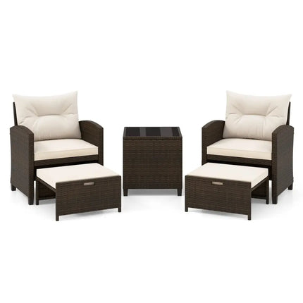 5 Pieces Patio Rattan Furniture with 2 Ottomans and Tempered Glass Coffee TableOff White - Oasis Home Essentials