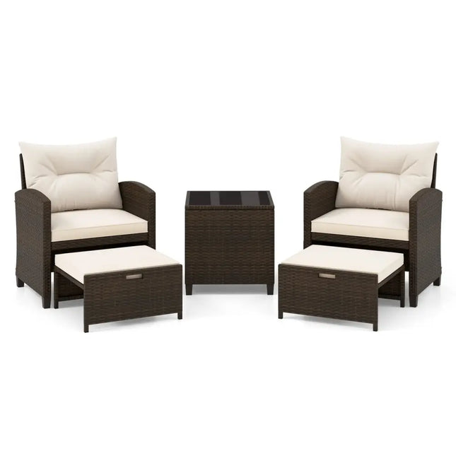 5 Pieces Patio Rattan Furniture with 2 Ottomans and Tempered Glass Coffee TableOff White - Oasis Home Essentials