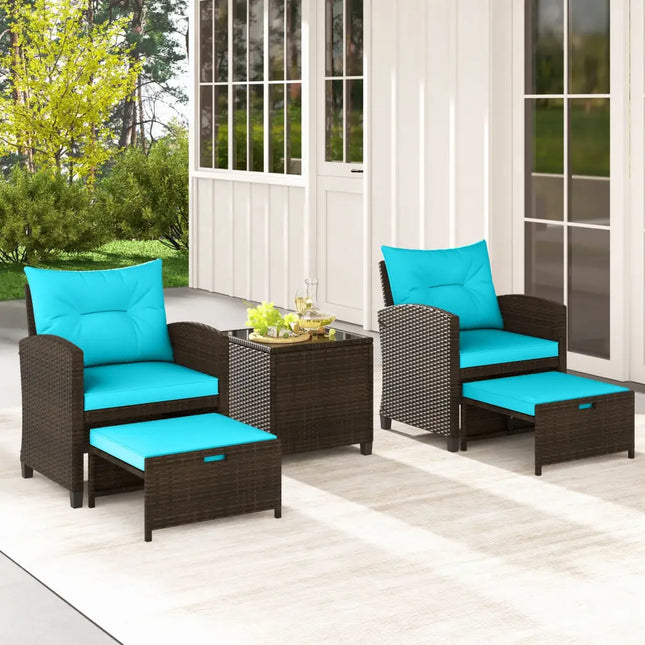 5 Pieces Patio Rattan Furniture with 2 Ottomans and Tempered Glass Coffee Table-Turquoise - Turquoise - Patio