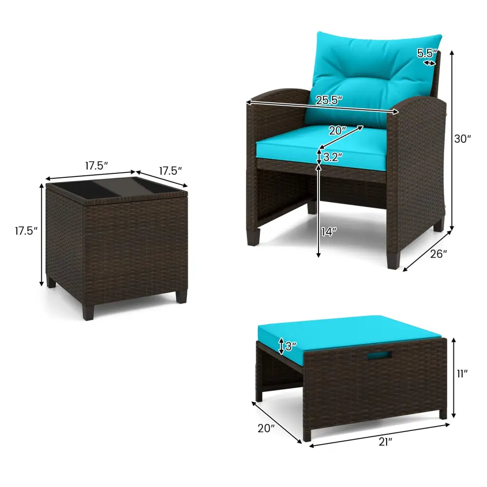 5 Pieces Patio Rattan Furniture with 2 Ottomans and Tempered Glass Coffee Table-Turquoise - Turquoise - Patio