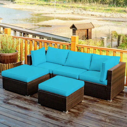 5 Pieces Patio Rattan Sectional Conversation Ottoman Furniture Set-Blue - Blue - Outdoor Sectionals