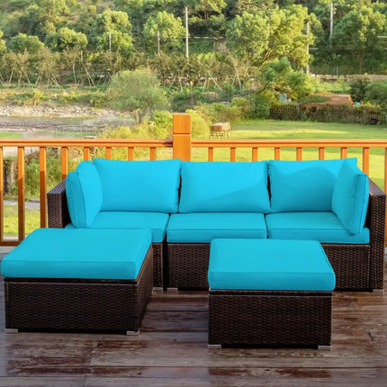 5 Pieces Patio Rattan Sectional Conversation Ottoman Furniture Set-Blue - Blue - Outdoor Sectionals