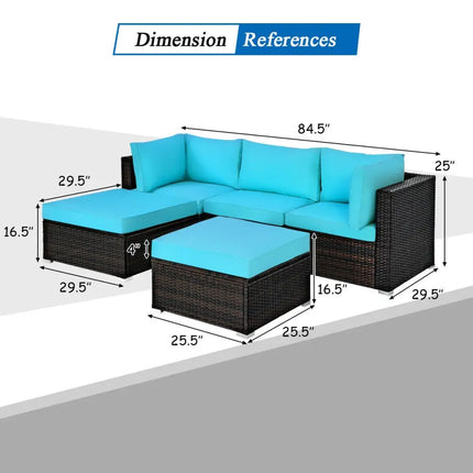 5 Pieces Patio Rattan Sectional Conversation Ottoman Furniture Set-Blue - Blue - Outdoor Sectionals