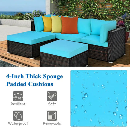 5 Pieces Patio Rattan Sectional Conversation Ottoman Furniture Set-Blue - Blue - Outdoor Sectionals