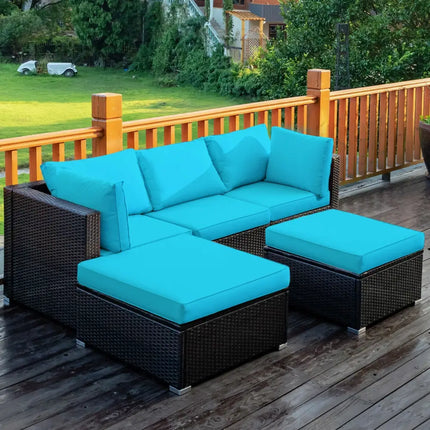 5 Pieces Patio Rattan Sectional Conversation Ottoman Furniture Set-Blue - Blue - Outdoor Sectionals