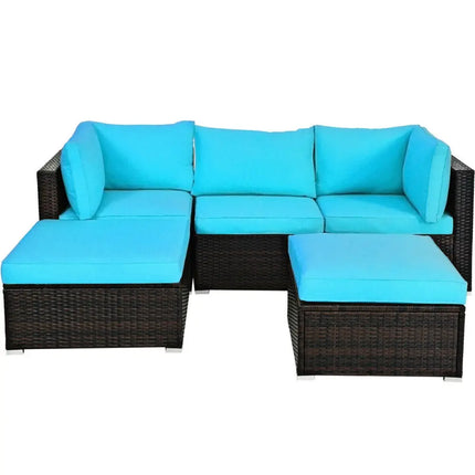5 Pieces Patio Rattan Sectional Conversation Ottoman Furniture Set-Blue - Blue - Outdoor Sectionals