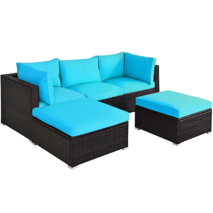 5 Pieces Patio Rattan Sectional Conversation Ottoman Furniture Set-Blue - Blue - Outdoor Sectionals