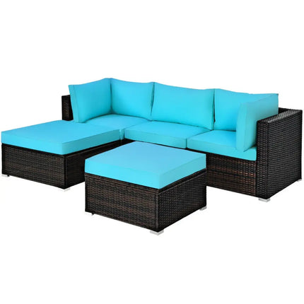 5 Pieces Patio Rattan Sectional Conversation Ottoman Furniture Set-Blue - Blue - Outdoor Sectionals
