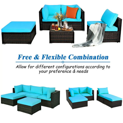 5 Pieces Patio Rattan Sectional Conversation Ottoman Furniture Set-Blue - Blue - Outdoor Sectionals