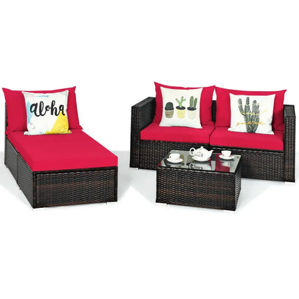 5 Pieces Patio Rattan Sectional Furniture Set with Cushions and Coffee Table-Red - Red - Outdoor Sectionals